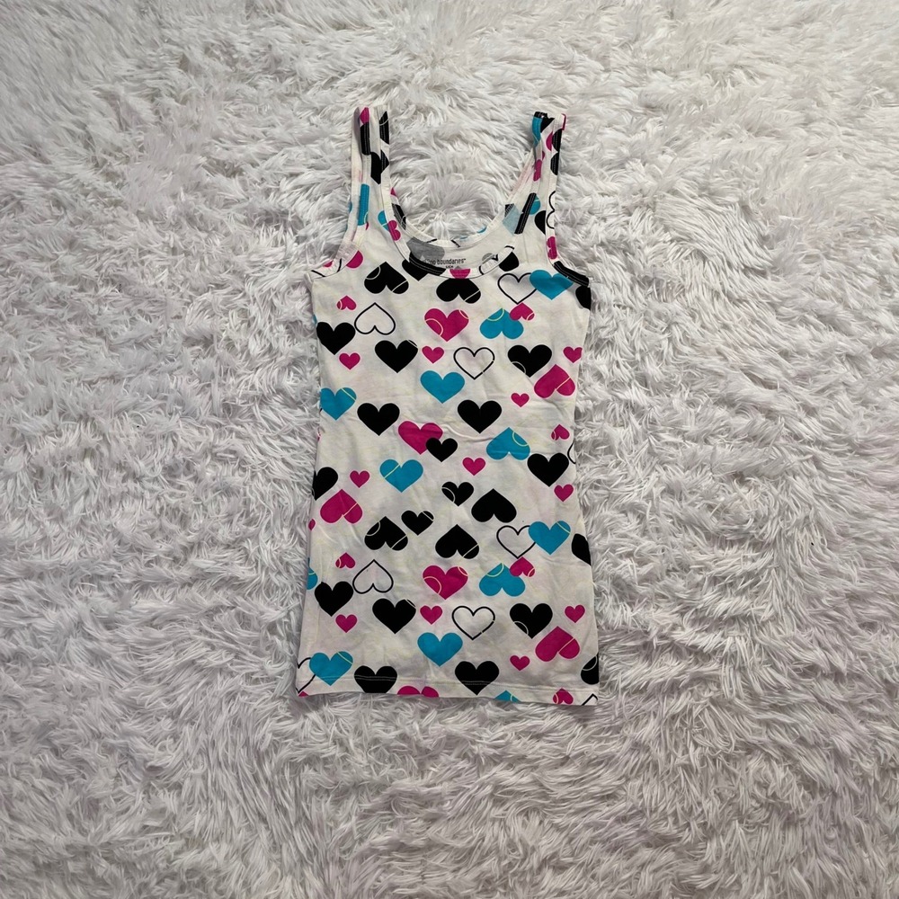 y2k white, pink, blue, black heart print tank top small
